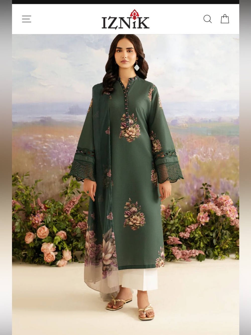 Iznik 3piece lawn outfits with embroidered patches and long silk dopatta